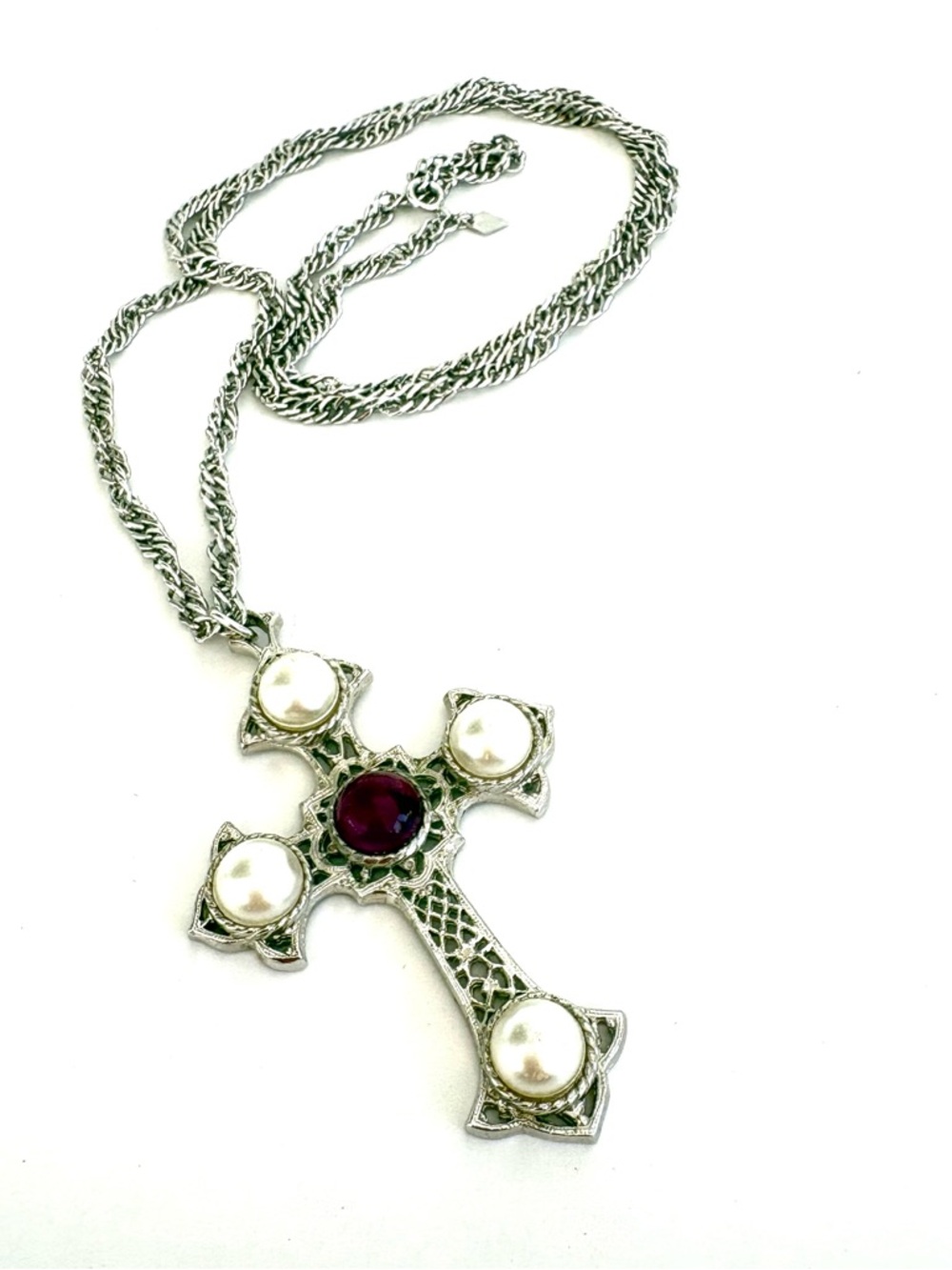 Vintage Sarah Coventry Crusaders Cross Faux Pearls & Purple Cabochon Necklace